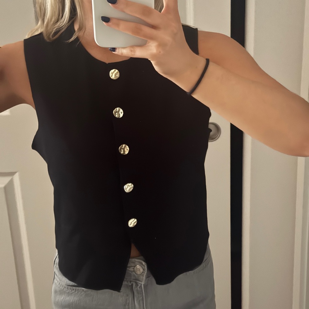 Zara Black Sleeveless Blouse with Gold Buttons